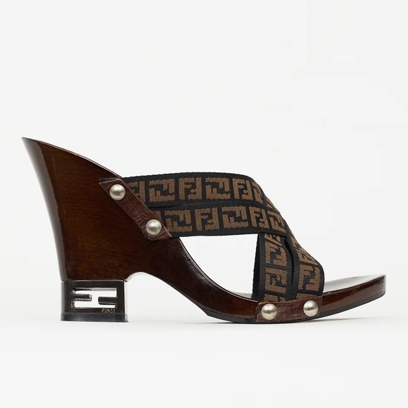 Fendi Shoes - Fendi Shoes Vintage Zucca FF Monogram Logo Brown Wooden Heel Sandals